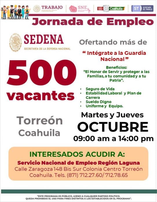 En Coahuila se ofertarán 500 vacantes para formar parte de 